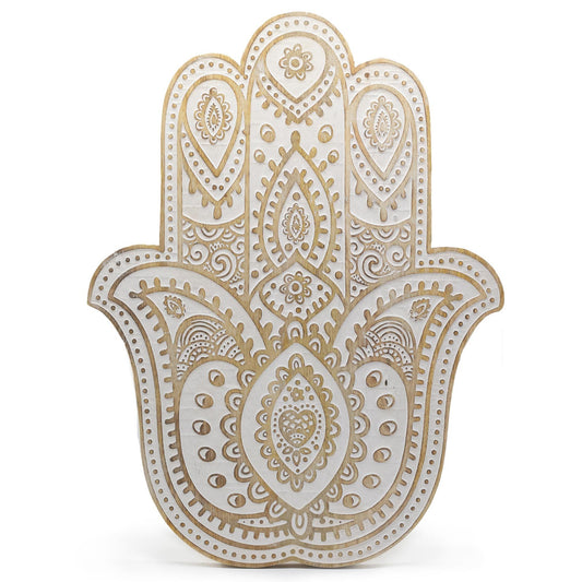 Handcrafted mango wood hamsa hand wall plaque with an elegant whitewashed finish and intricate carved details.