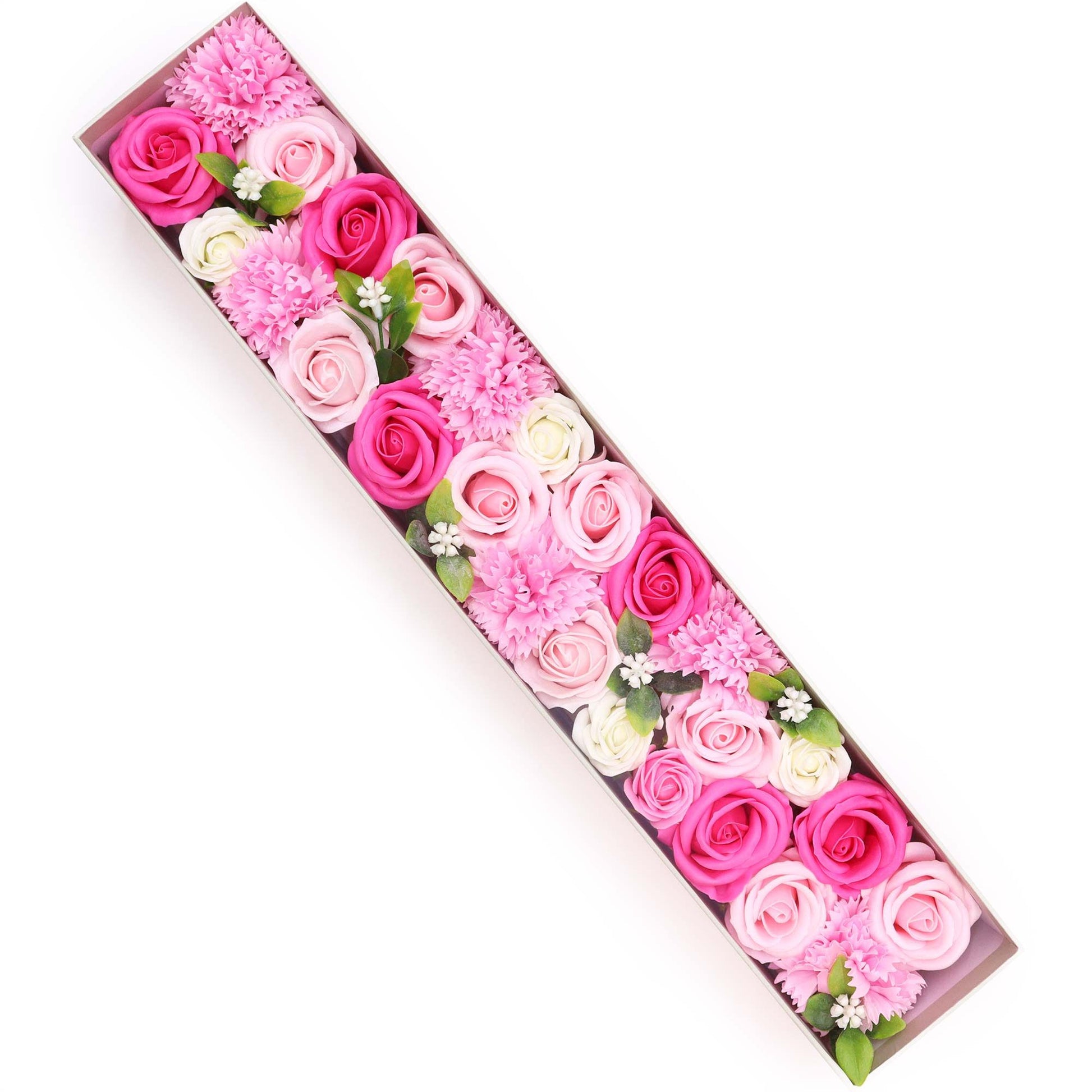 Extra long gift box filled with realistic handcrafted soap roses in various delicate shades of pink.