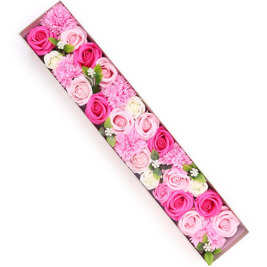 Extra long gift box filled with realistic handcrafted soap roses in various delicate shades of pink.