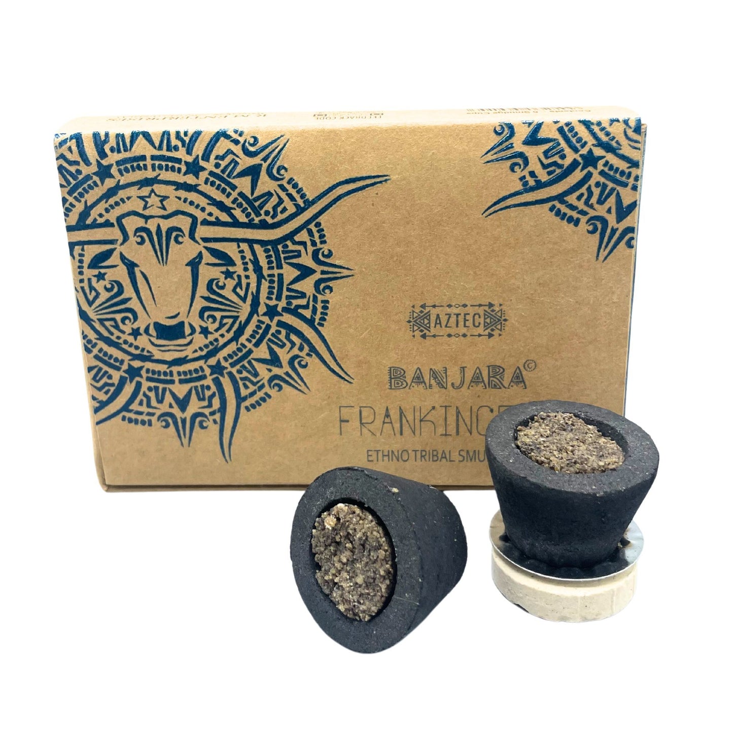 Handcrafted charcoal smudge cup filled with aromatic Frankincense resin on a neutral background.