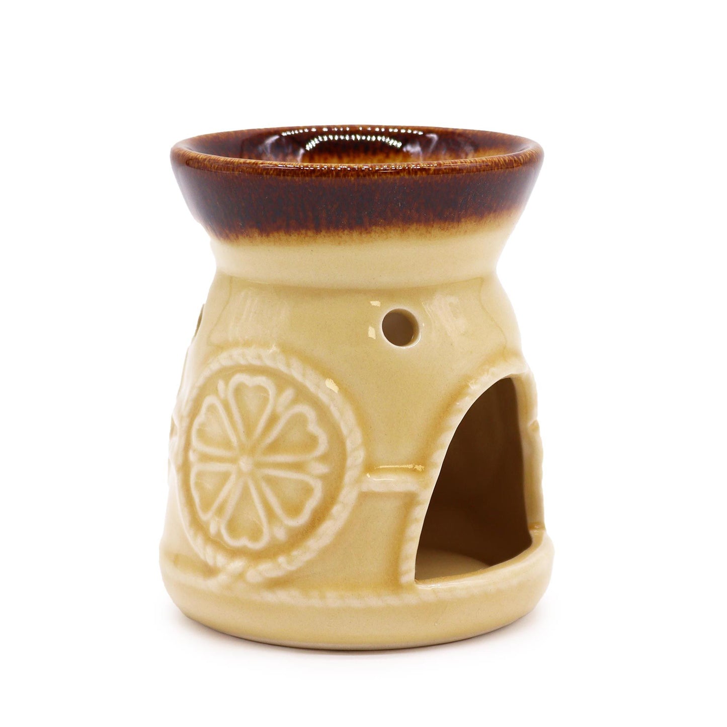 Elegant cream-coloured ceramic oil burner with a minimalist spa-style design and a deep bowl for essential oils.