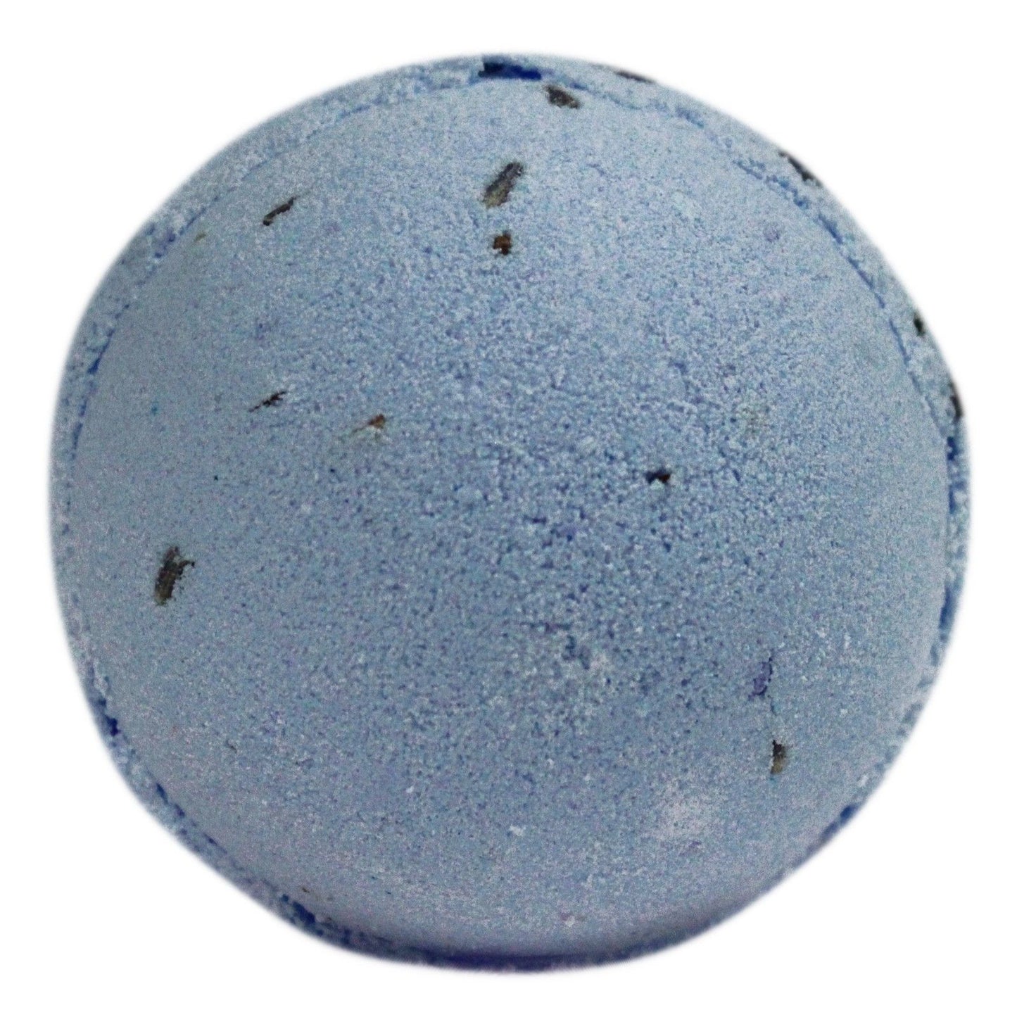 Large purple bath bomb topped with dried lavender seeds on a plain background.