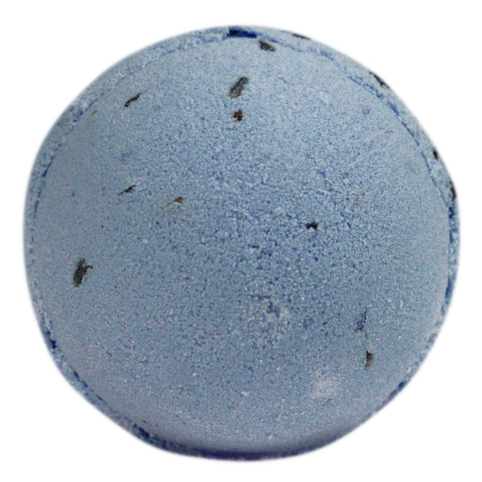 Large purple bath bomb topped with dried lavender seeds on a plain background.