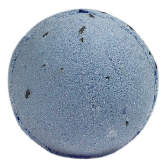 Large purple bath bomb topped with dried lavender seeds on a plain background.