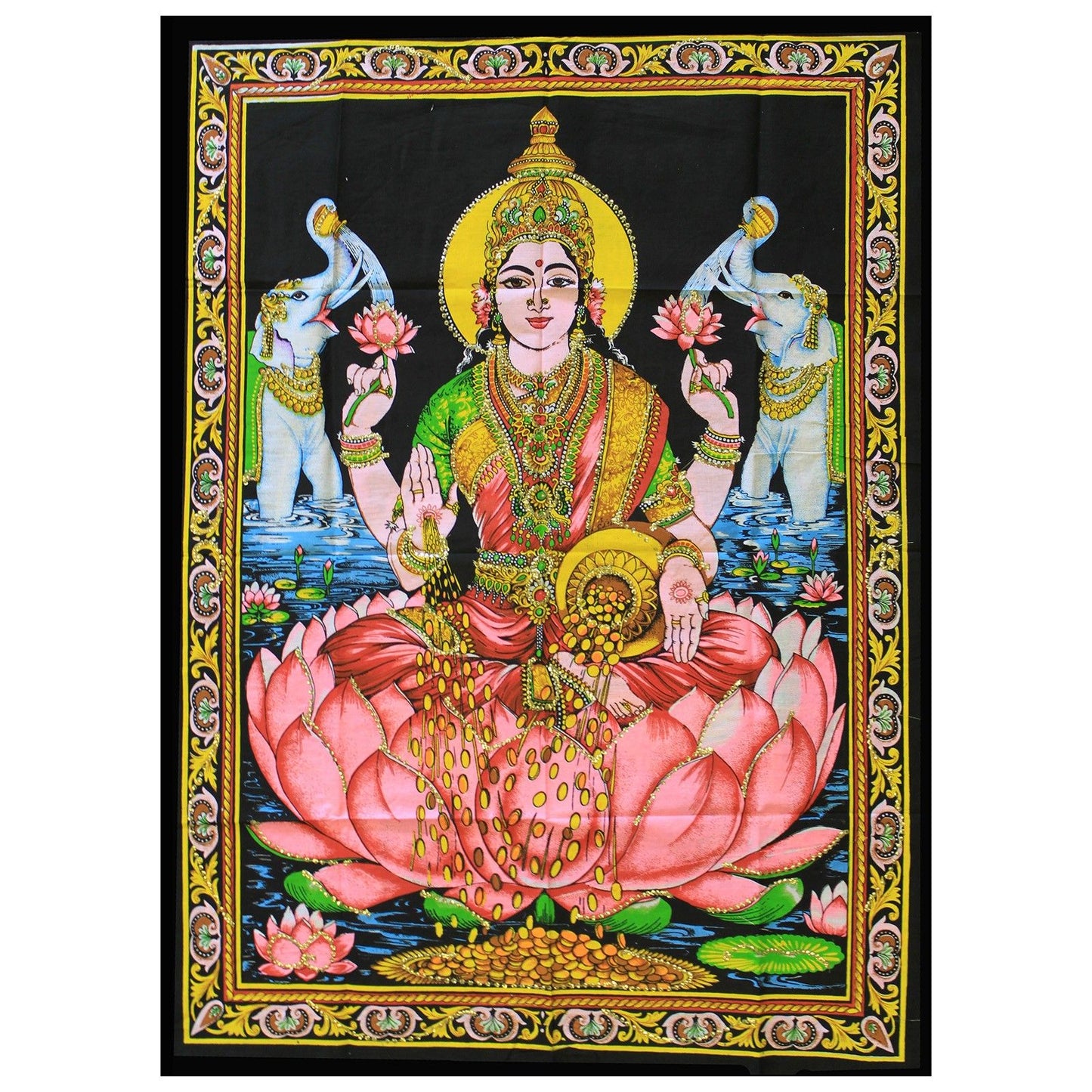 Intricate Indian wall art depicting the Hindu Goddess Laxmi seated on a lotus flower, symbolising wealth and abundance.