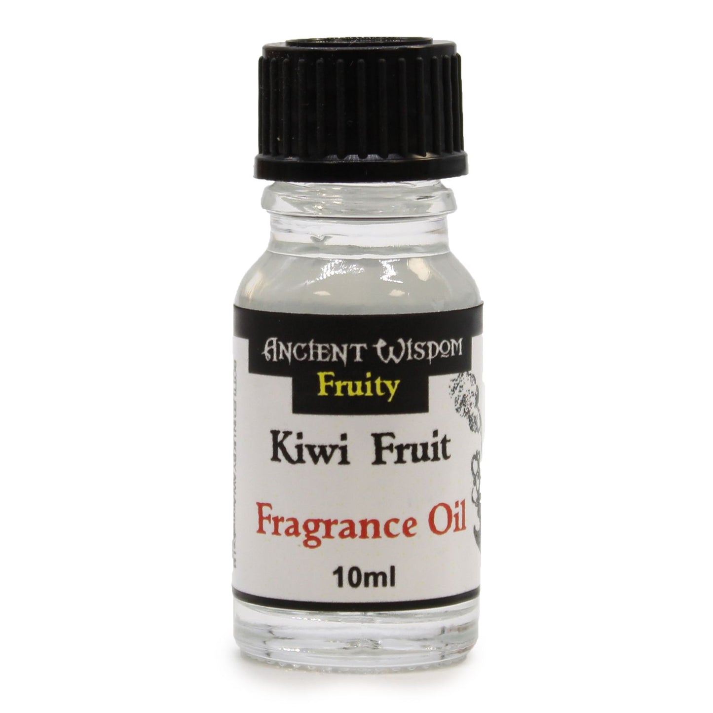 Small 10ml amber glass bottle of kiwi fruit fragrance oil with a black dropper cap and a minimalist white label.