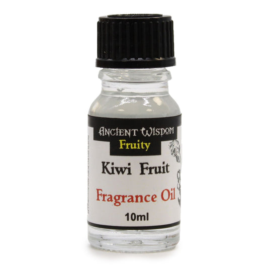 Small 10ml amber glass bottle of kiwi fruit fragrance oil with a black dropper cap and a minimalist white label.