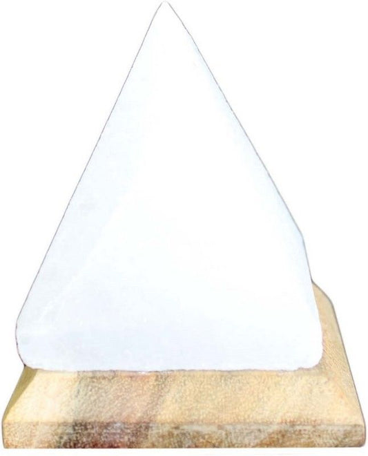 Small pyramid-shaped Himalayan salt lamp on a wooden base with a glowing multi-coloured LED light.