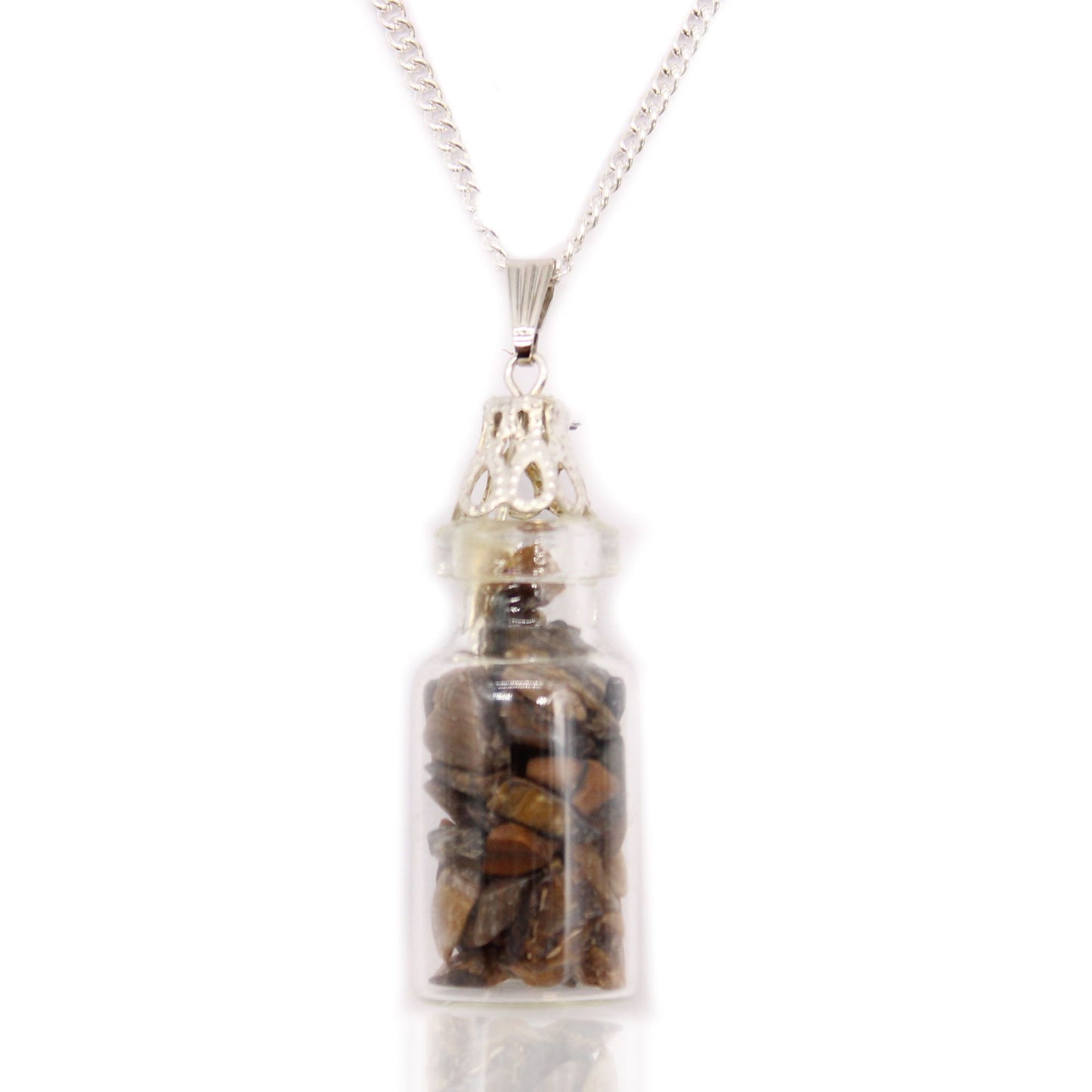 Unique Tiger Eye gemstone inside a small glass bottle pendant with an ornate silver-toned cap on a black cord necklace.