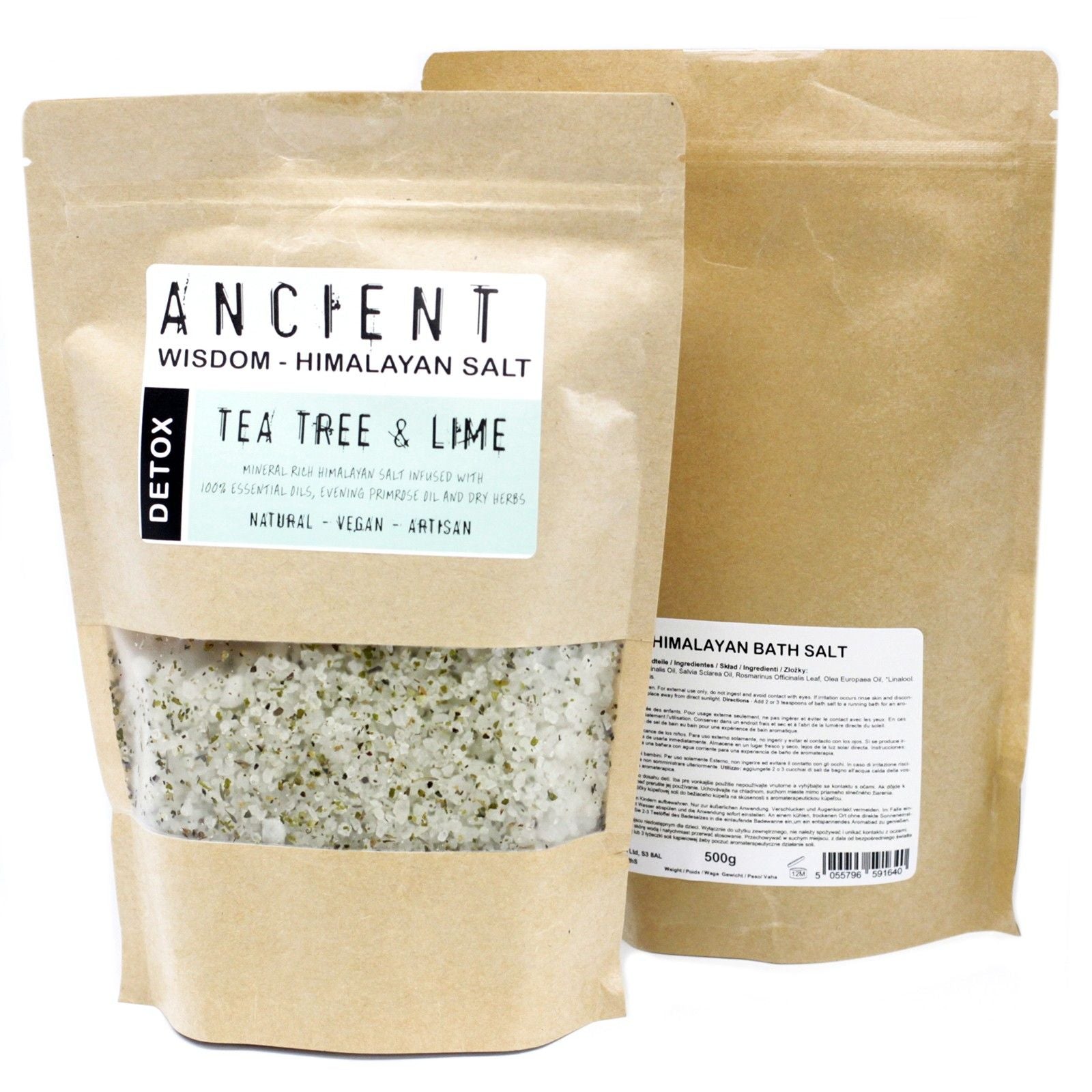 Pink Himalayan bath salts mixed with dried green herbs and essential oils in a clear 500g bag.