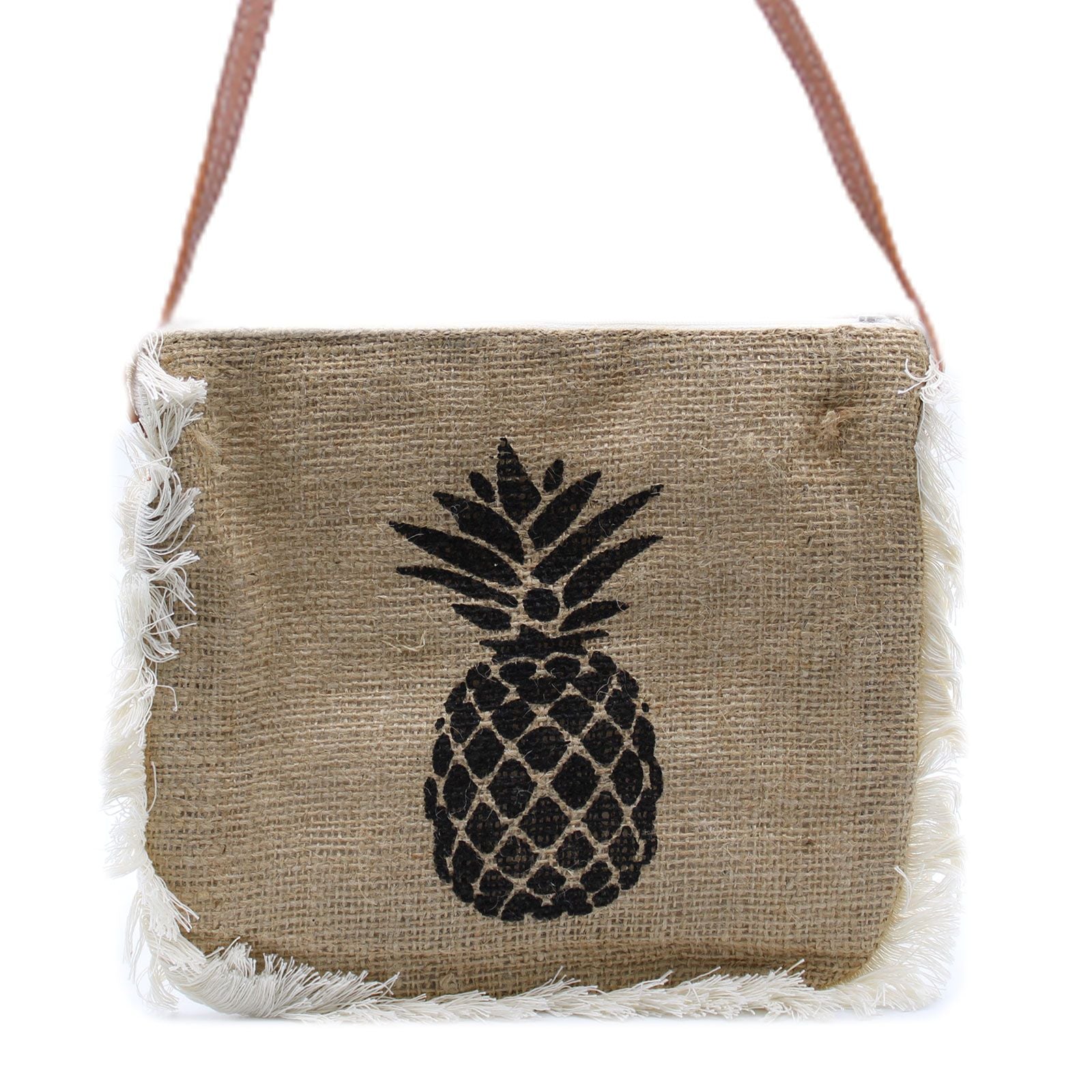 Bohemian style soft washed jute bag featuring a yellow pineapple print and white cotton fringe detailing.