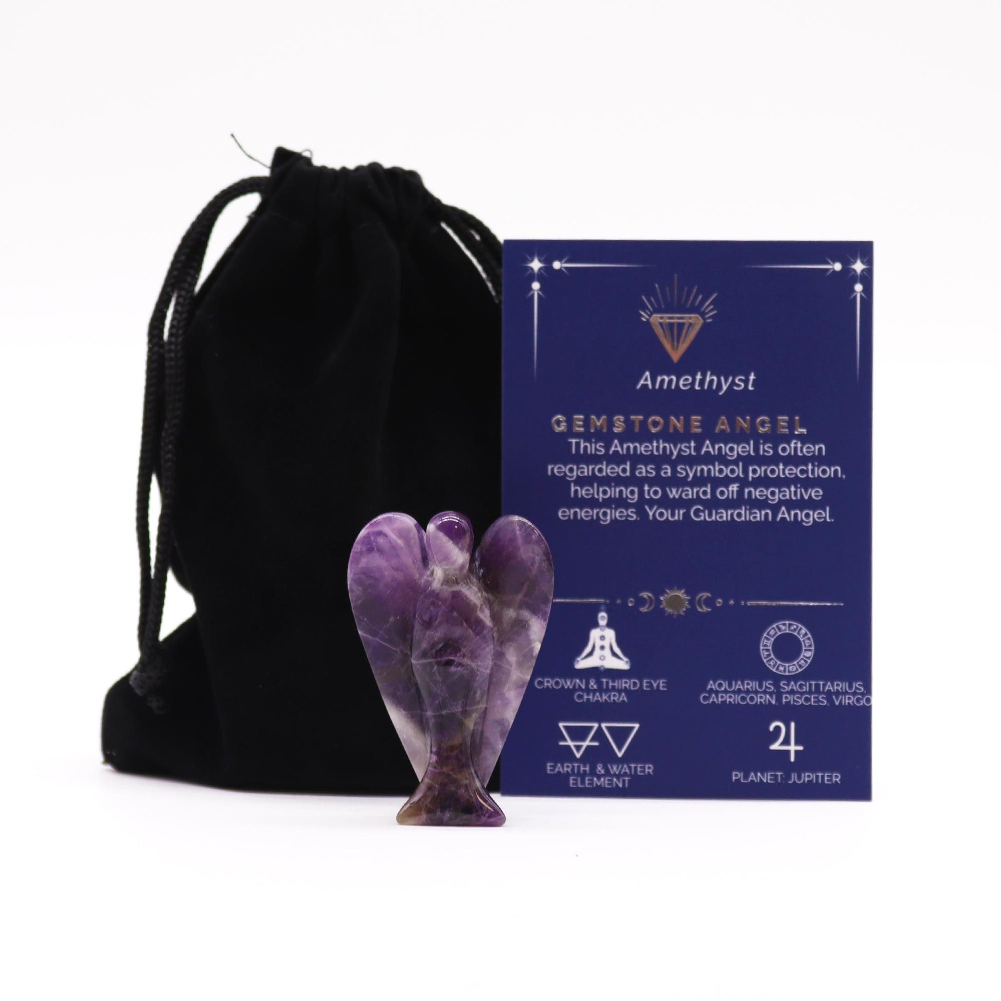 Beautiful hand-carved purple amethyst gemstone angel figurine with polished wings and natural crystal details.