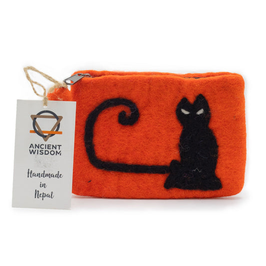Handmade natural felt pouch featuring a cute embroidered cat face with a secure top zipper.