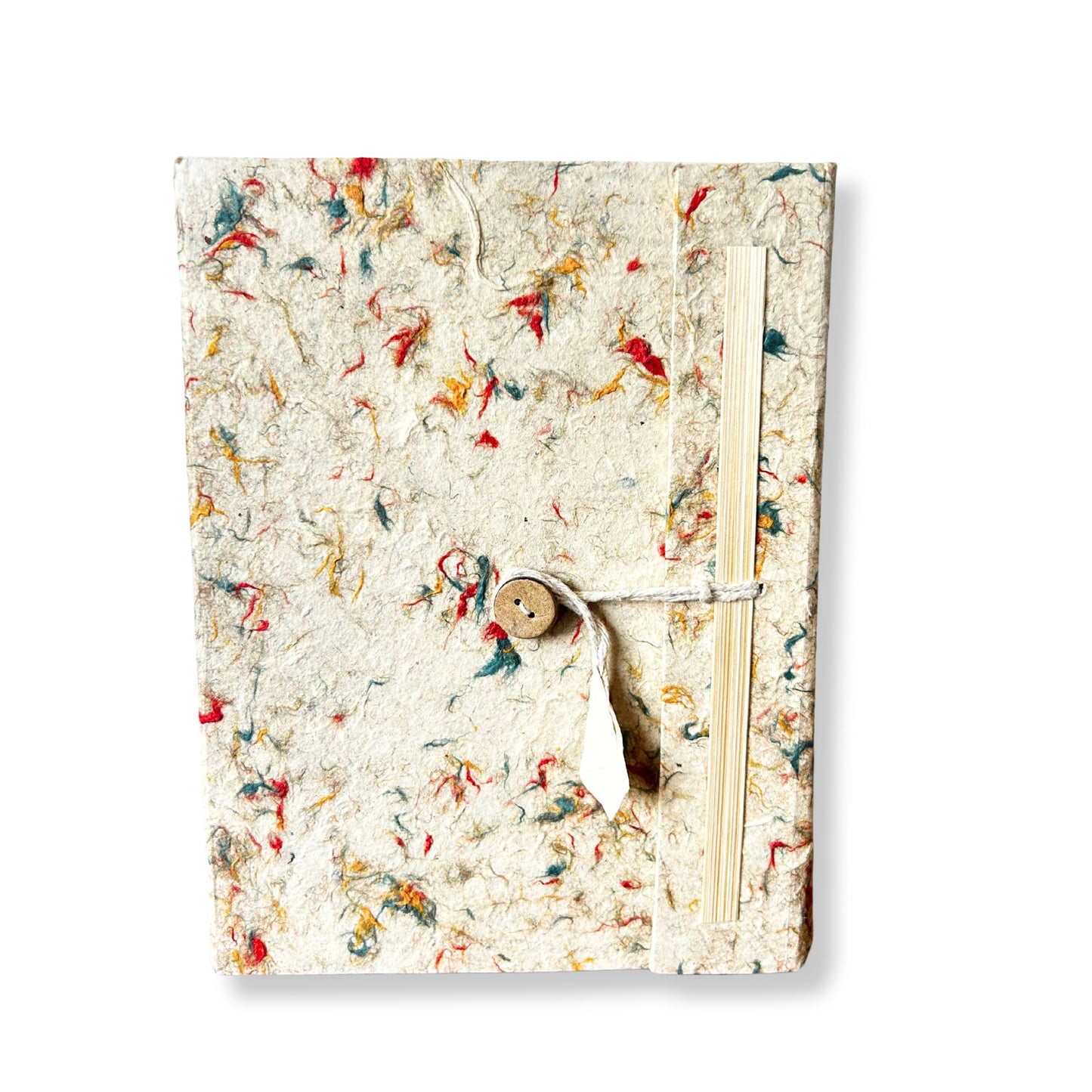 Large handmade notebook with a naturally speckled earthy-toned cover made from recycled cotton and Lokta paper.