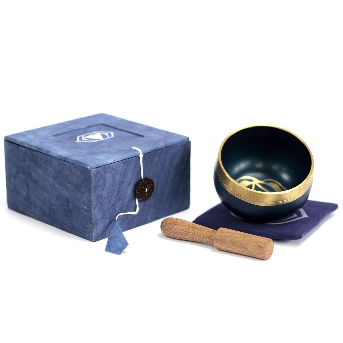 Handcrafted indigo singing bowl with Third Eye Chakra symbol and wooden striker.