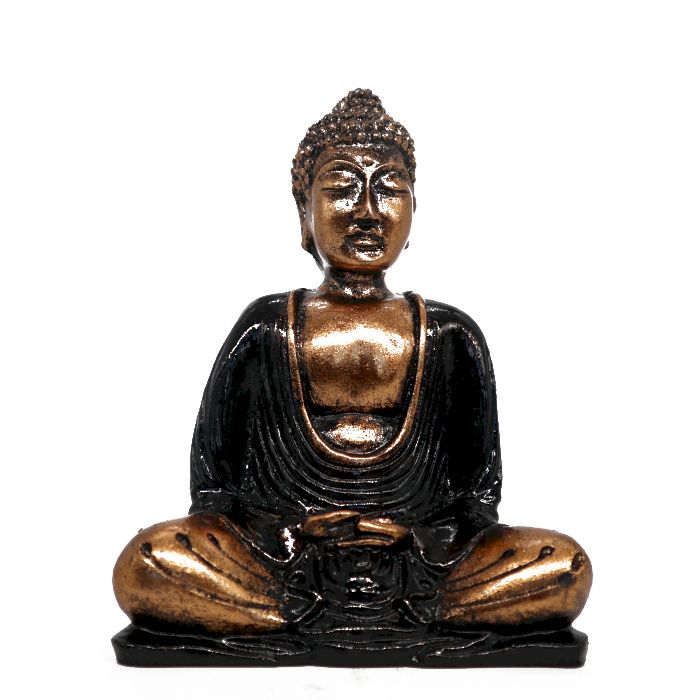 Elegant medium-sized Buddha statue in a meditative pose with a matte black finish and ornate gold detailing.