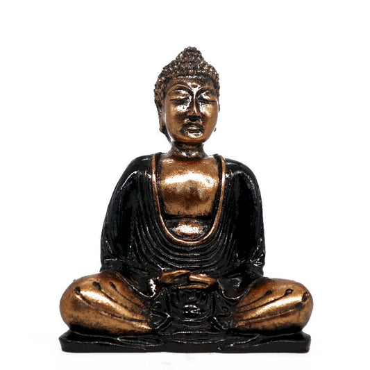 Elegant medium-sized Buddha statue in a meditative pose with a matte black finish and ornate gold detailing.