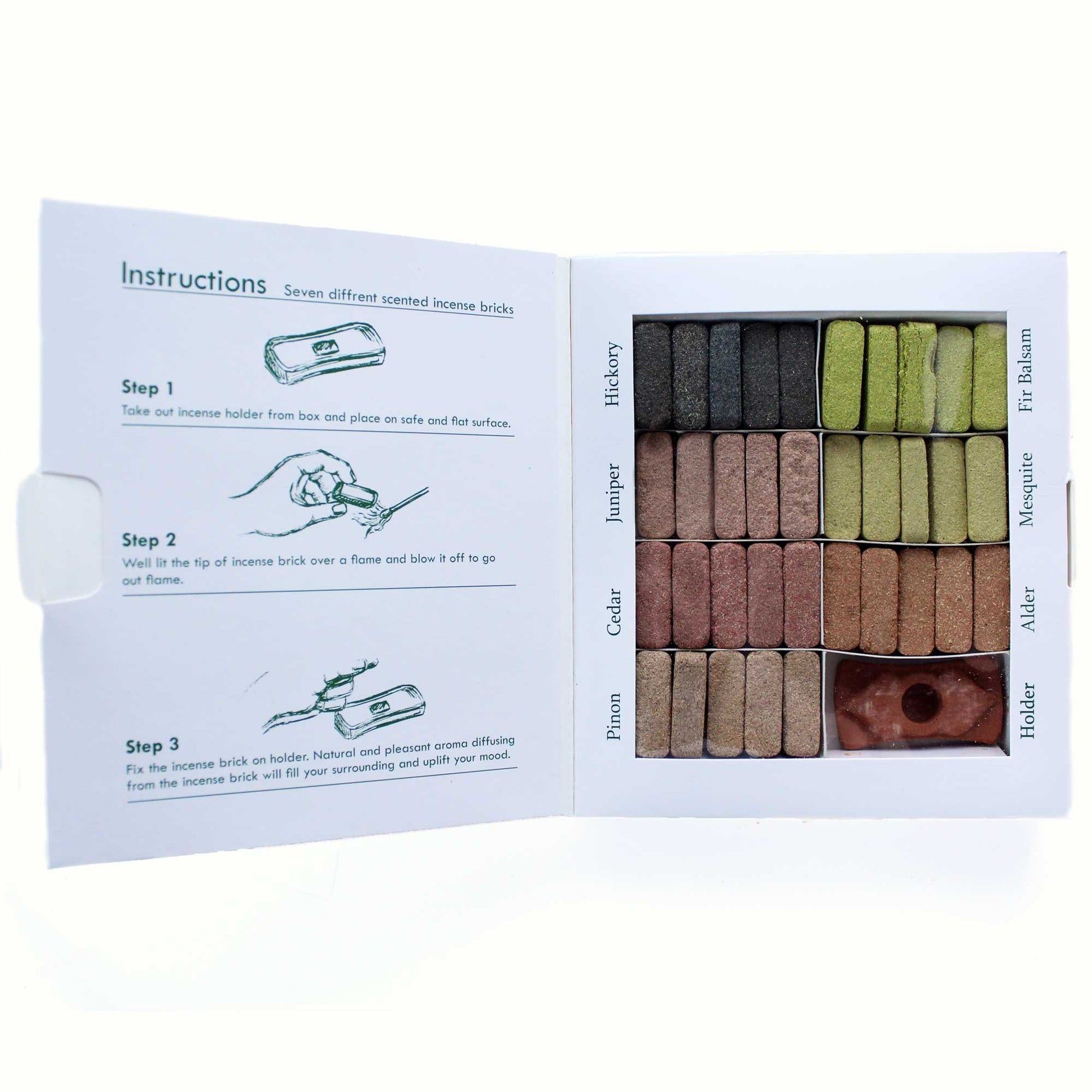Large display set featuring 70 natural incense smudge bricks in various earthy scents with a rustic terracotta burner.