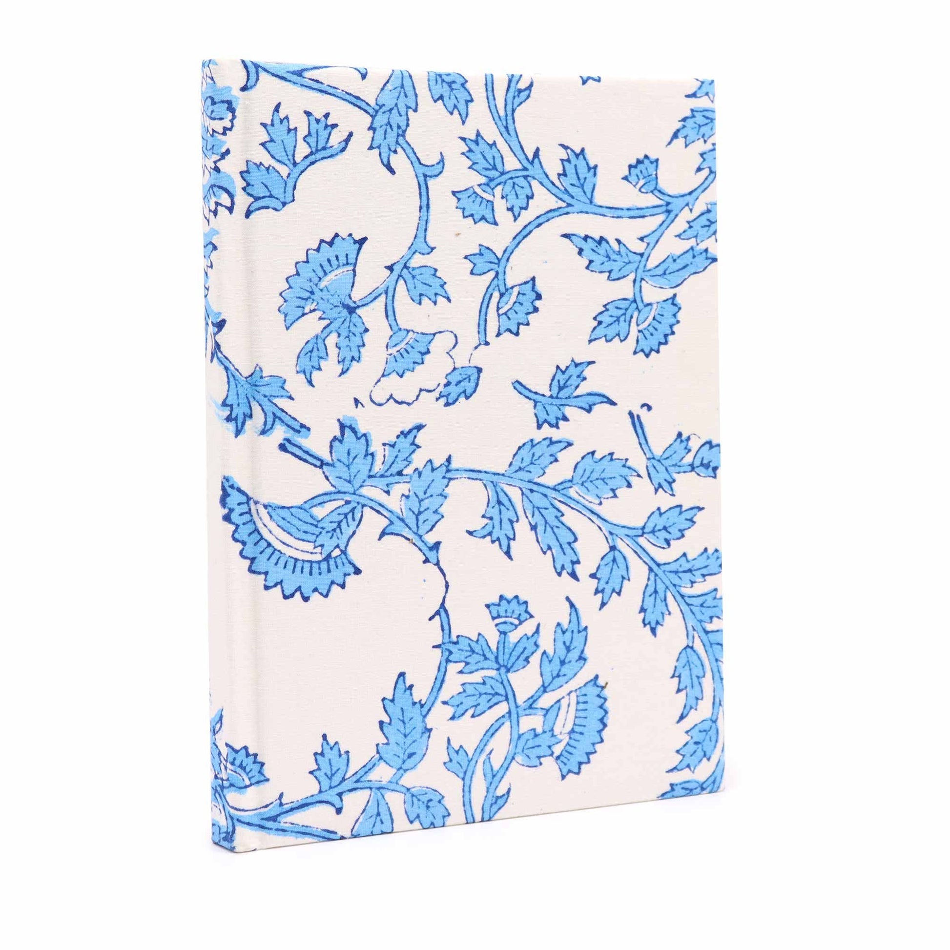 Handmade cotton bound notebook featuring a delicate pale blue floral pattern on the cover.