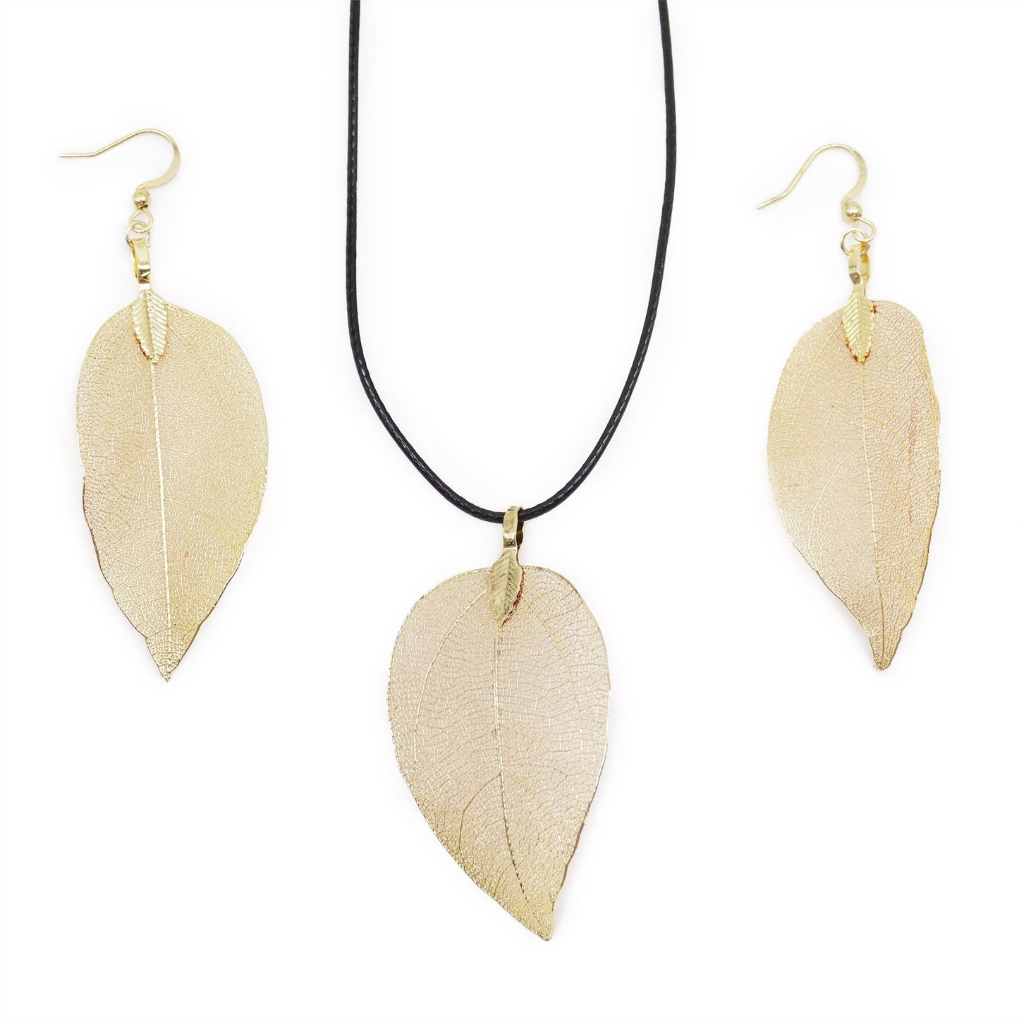 Exquisite gold electro-plated necklace and earring set featuring delicate, real leaf textures with a metallic finish.