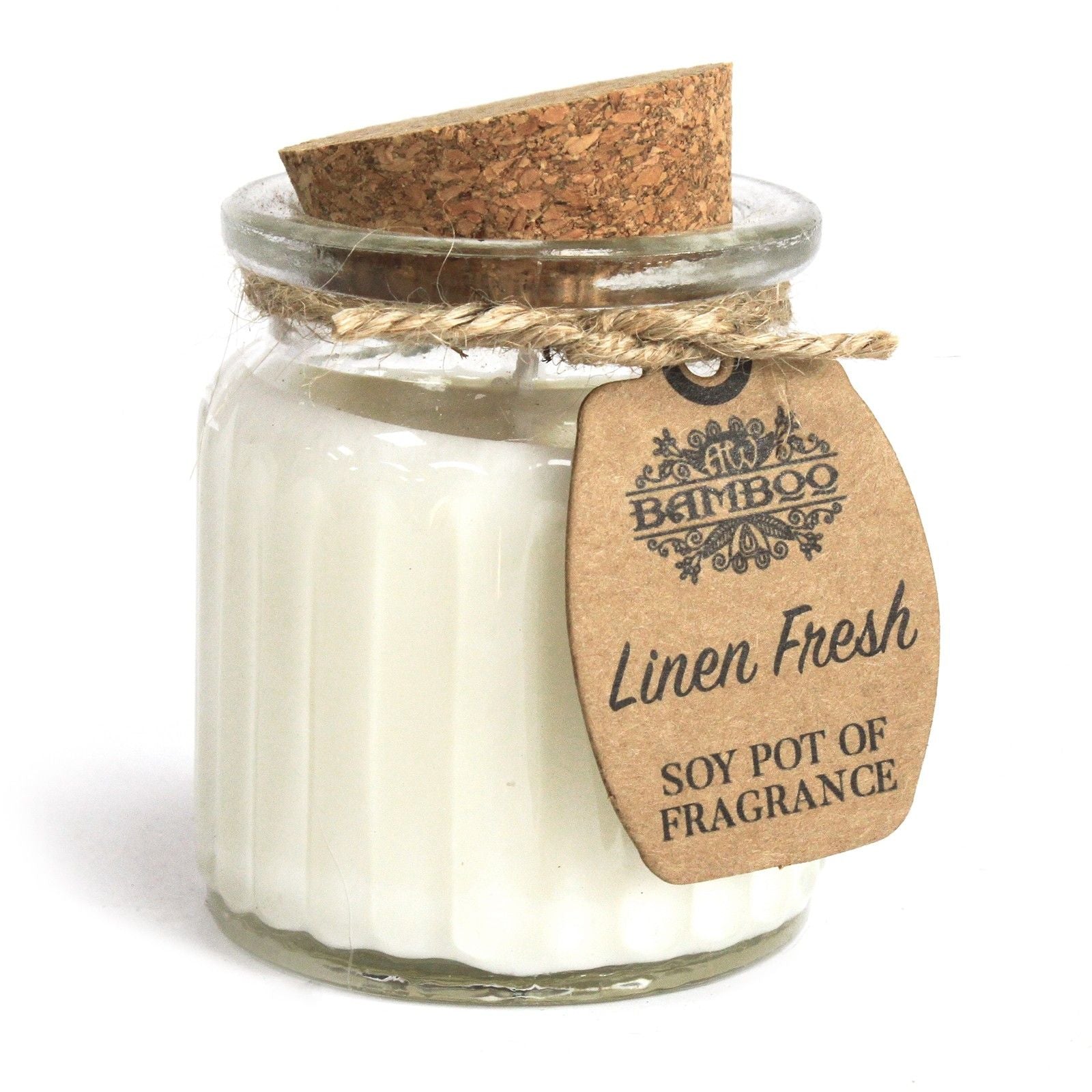 Small glass pot candle with white soy wax and a single wick, featuring a clean linen scent.