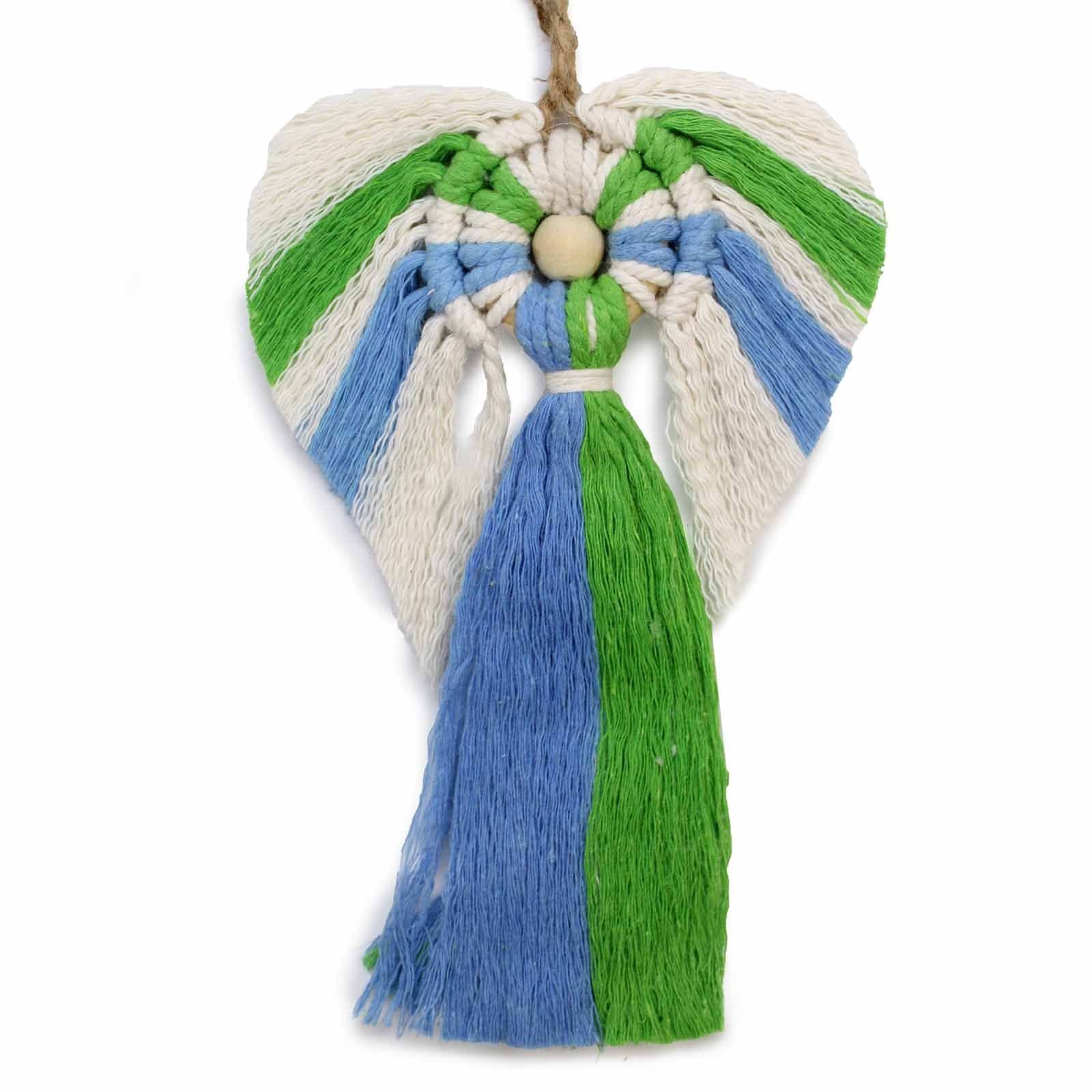 Hand-woven cream macrame angel with delicate wings and a wooden bead head, presented in a brown kraft gift box.