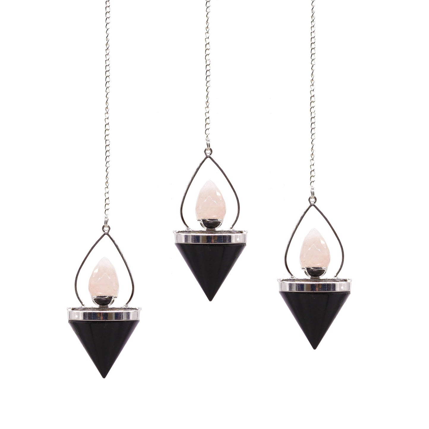 Silver-toned lantern-shaped pendulum featuring a black agate base and rose quartz stone on a delicate chain.