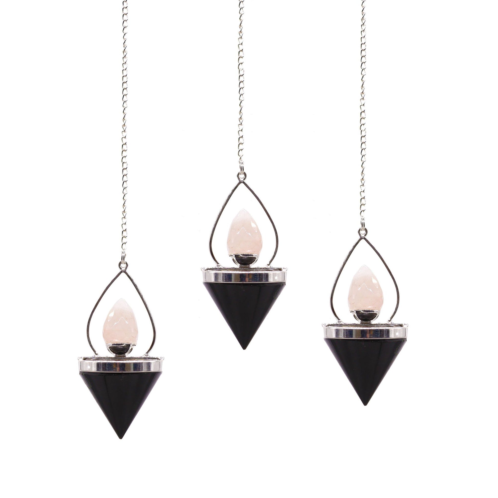 Silver-toned lantern-shaped pendulum featuring a black agate base and rose quartz stone on a delicate chain.