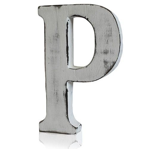 Hand-carved white-wash mango wood alphabet letter P with a distressed shabby chic finish.