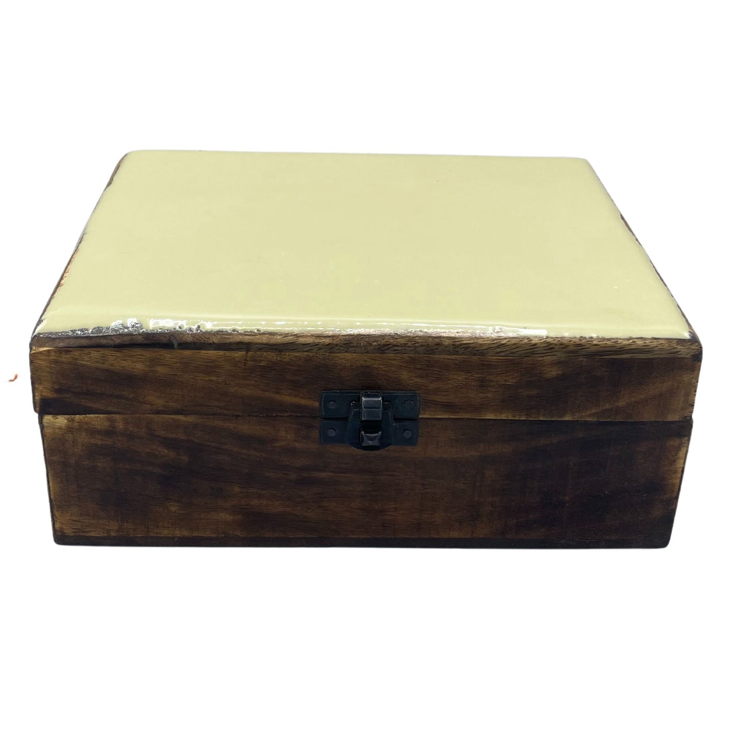 Large rectangular wooden box featuring a ceramic lid with a textured grey concrete glaze finish.