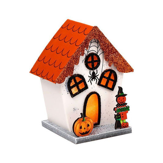 Charming Halloween pumpkin house decoration with a spooky spider on top and warm glowing LED lights.