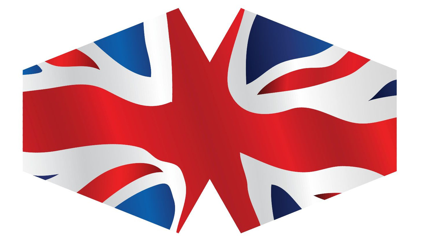 Adult sized reusable fabric face mask featuring a vibrant Union Jack flag print with black elastic ear loops.