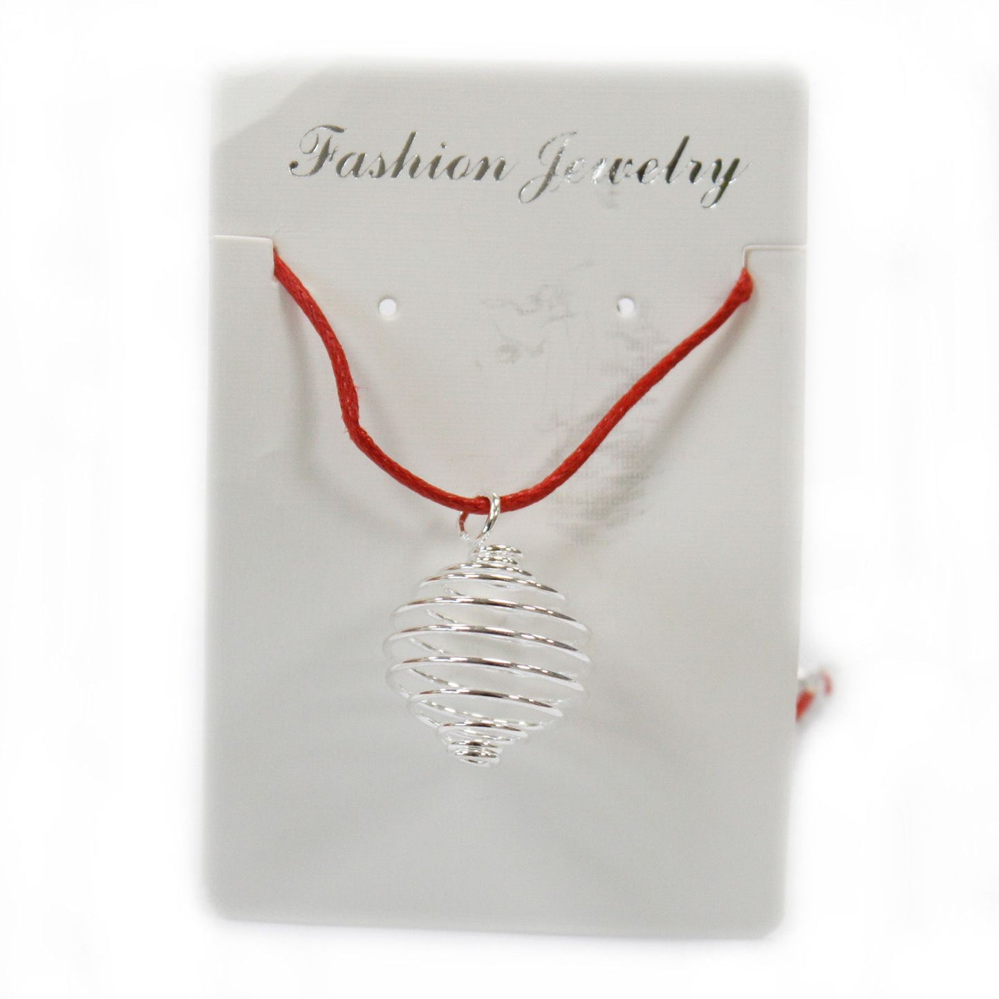 Silver-toned spiral metal cage pendant designed to hold small gemstones and tumble stones.