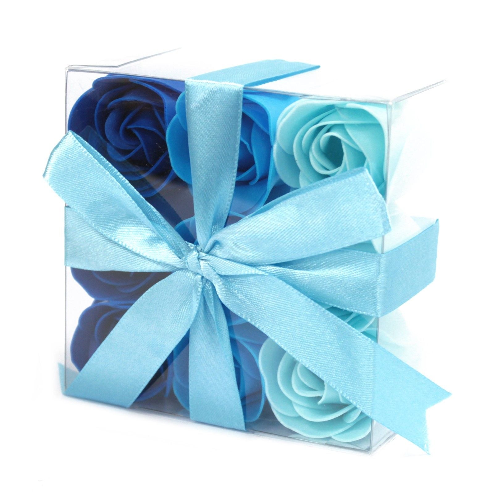 Gift box containing nine realistic blue rose soap flowers with delicate petals for bath use.
