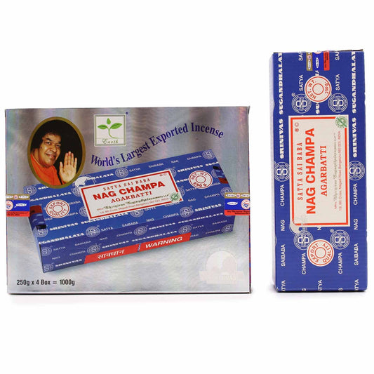 Large blue and white box of traditional Nag Champa incense sticks on a neutral background.