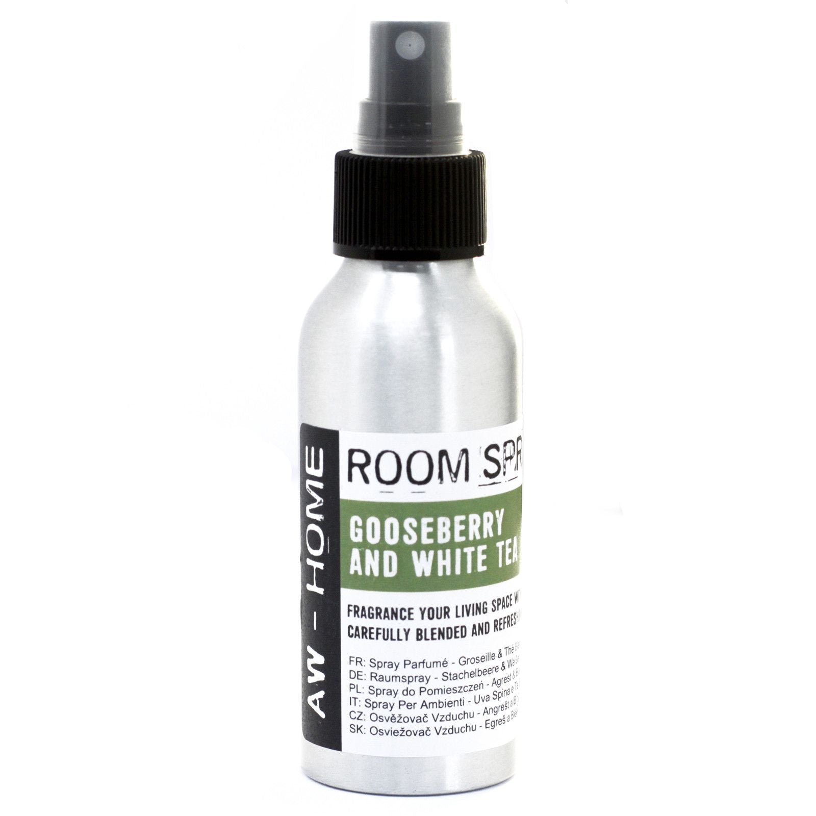 A 100ml silver aluminium bottle of Gooseberry and White Tea room spray with a simple, elegant label.