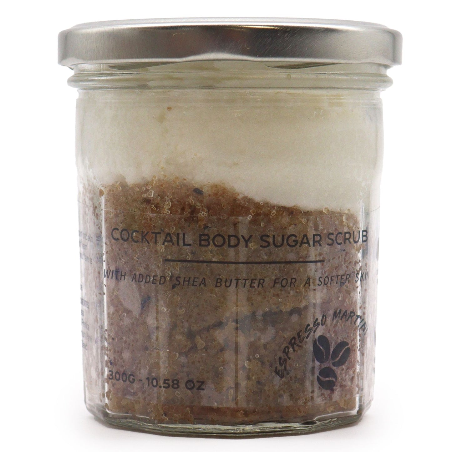 Close-up of textured sugar body scrub in a jar, showing a rich coffee-brown colour and exfoliating granules.