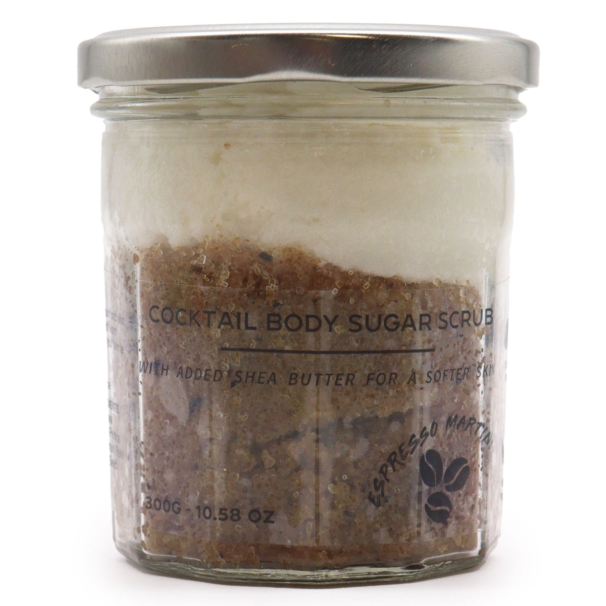 Close-up of textured sugar body scrub in a jar, showing a rich coffee-brown colour and exfoliating granules.