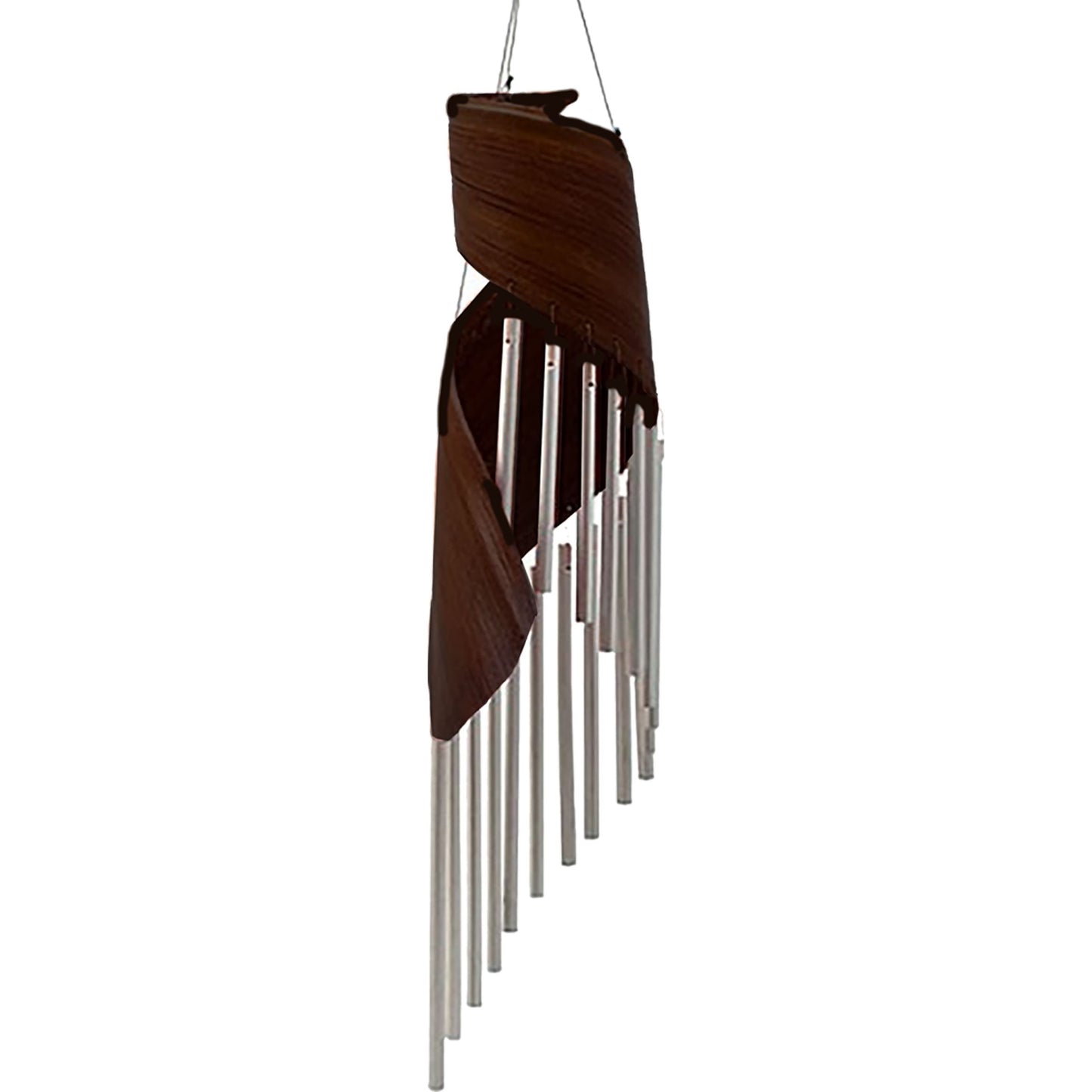 Handcrafted wind chimes made from dark chocolate-coloured coconut leaves hanging vertically.
