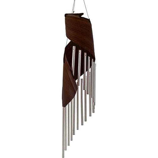 Handcrafted wind chimes made from dark chocolate-coloured coconut leaves hanging vertically.