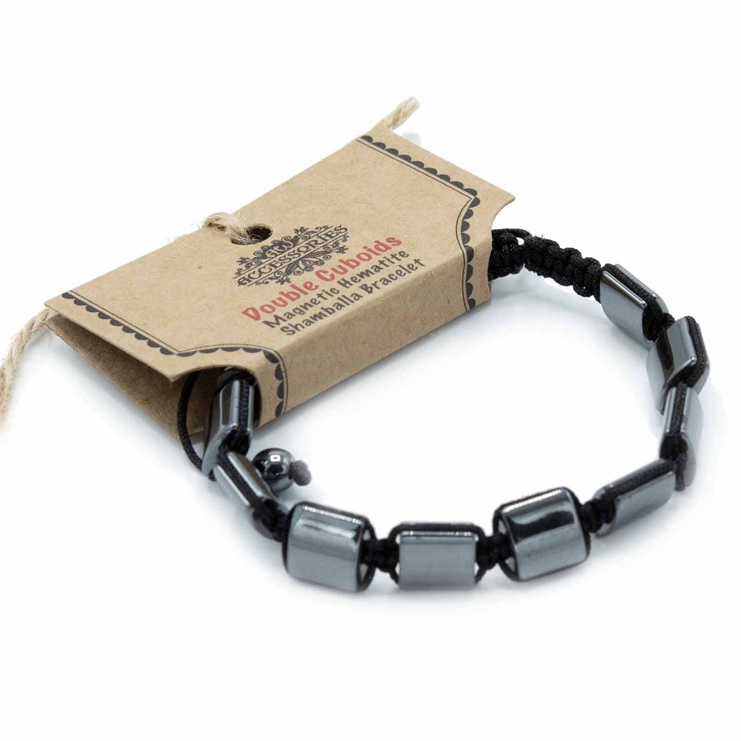 Sleek black magnetic hematite Shamballa bracelet featuring a double row of cuboid beads and colourful pastel accents.