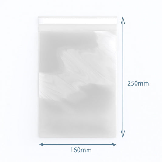 Clear resealable polypropylene bags in 160x250mm size showing high-clarity plastic texture for packaging.