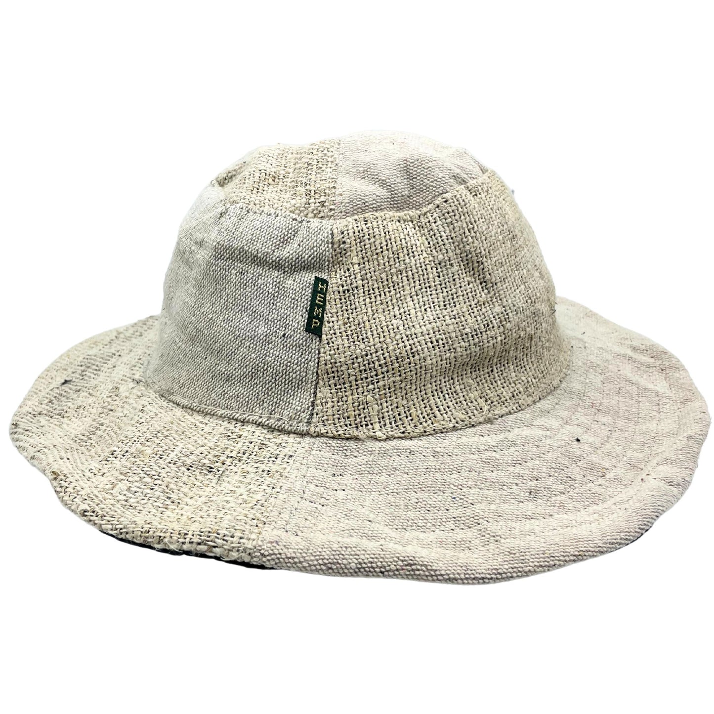 Handcrafted natural beige hemp and cotton boho hat with unique patchwork and a wired brim.