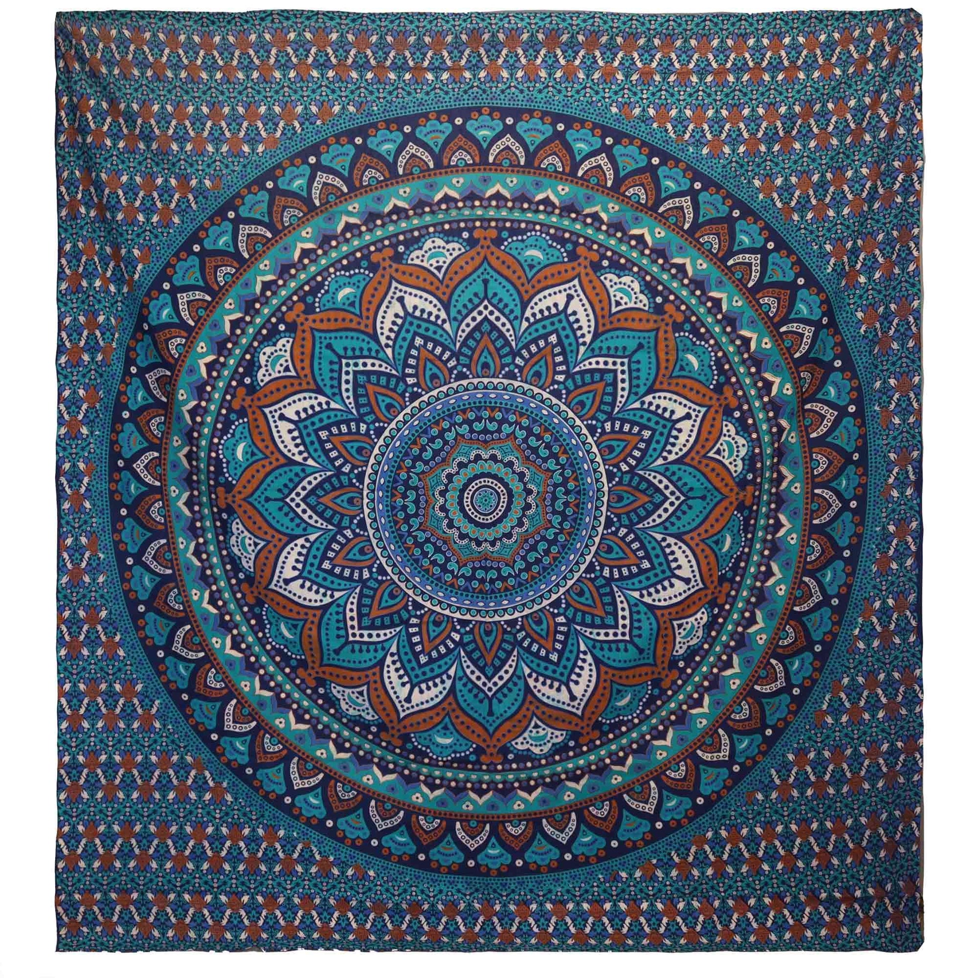 Turquoise and white cotton bedspread featuring a large, intricate classic mandala pattern with ornate geometric details.