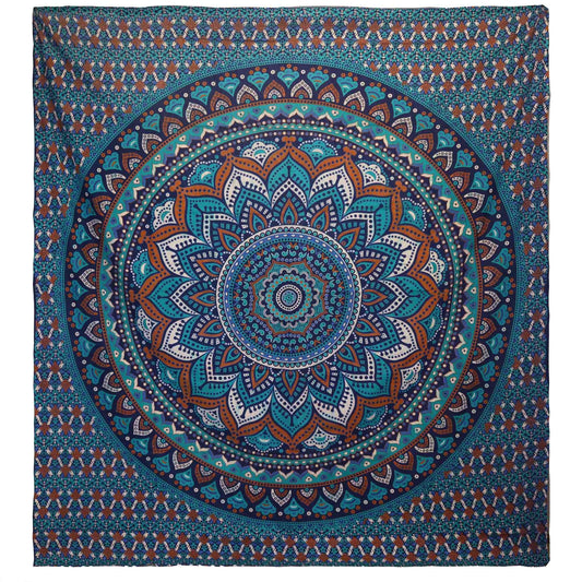 Turquoise and white cotton bedspread featuring a large, intricate classic mandala pattern with ornate geometric details.