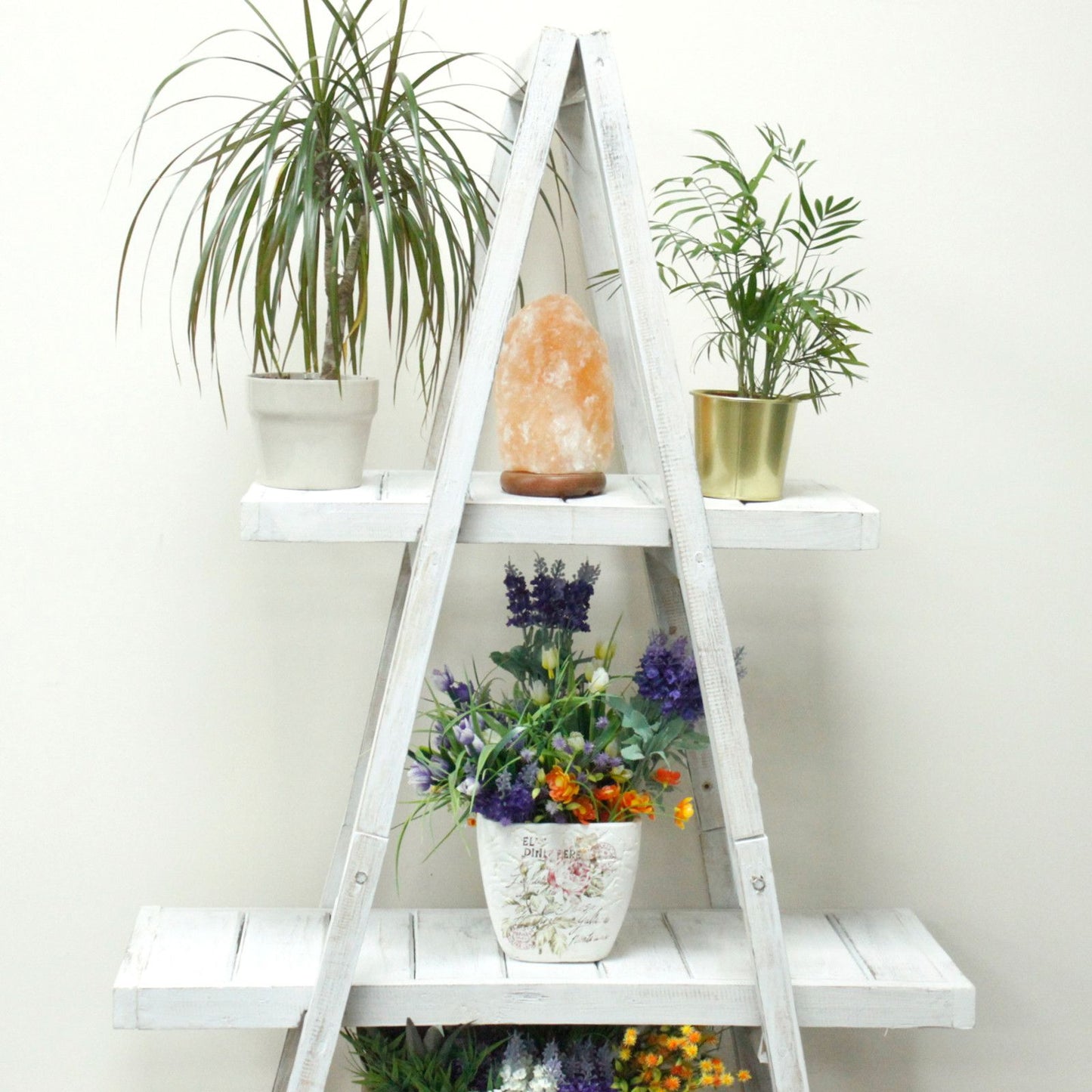 Rustic whitewash wooden folding A-frame display stand with multiple shelves for home storage.