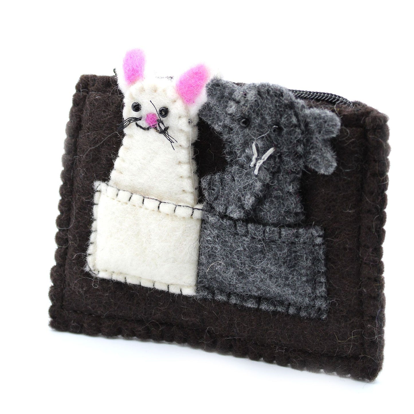 Handcrafted fabric pouch featuring adorable elephant and mouse finger puppets for imaginative play.