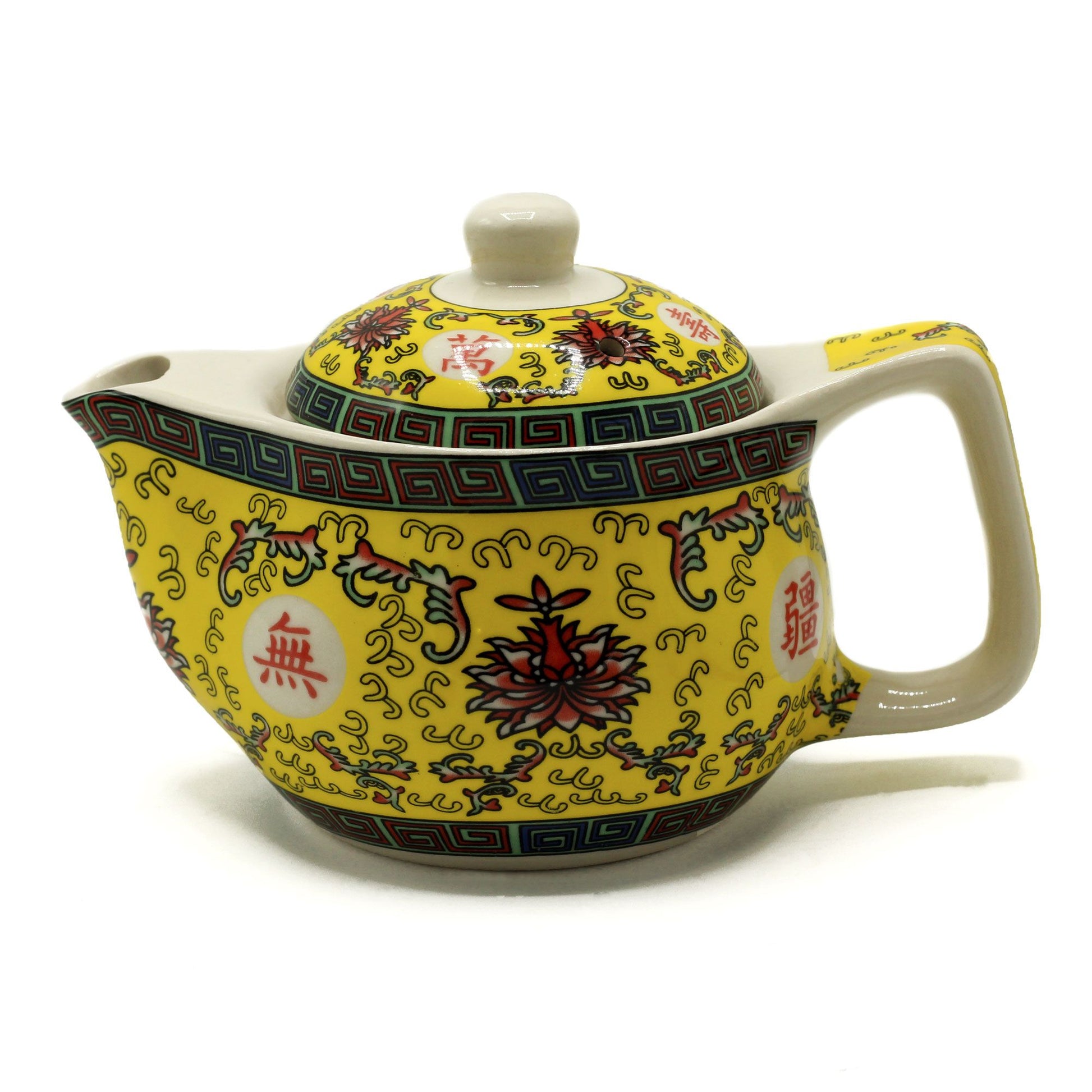 Small white ceramic teapot featuring a traditional blue oriental design with 'Long Life' characters and a wooden handle.