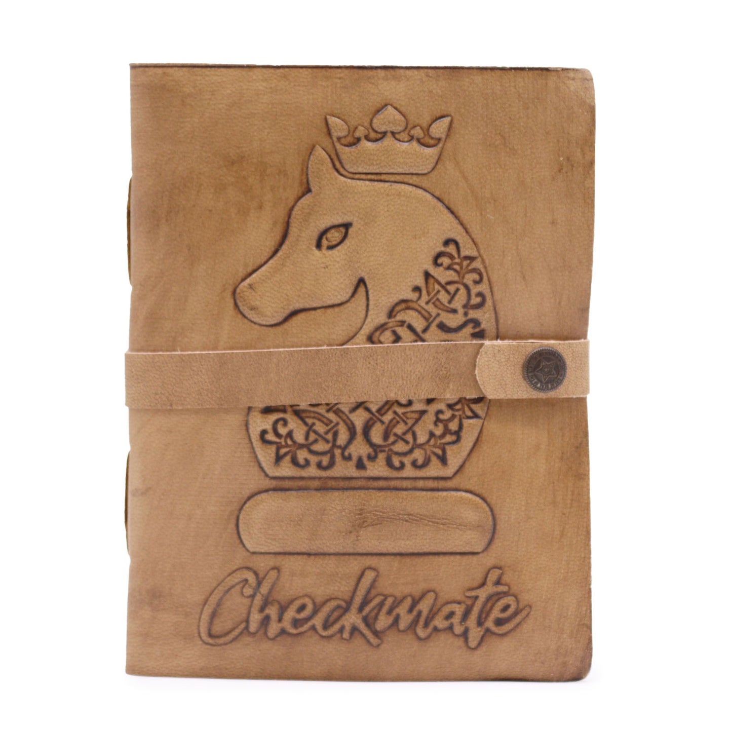 Vintage light tan leather notebook with a checkmate pattern and traditional deckle-edged paper pages.