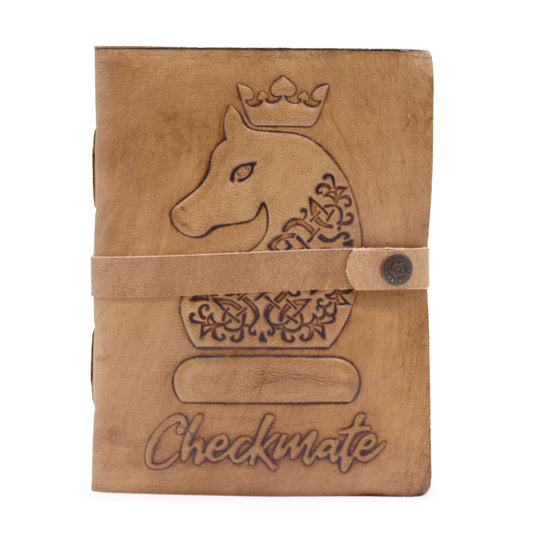 Vintage light tan leather notebook with a checkmate pattern and traditional deckle-edged paper pages.